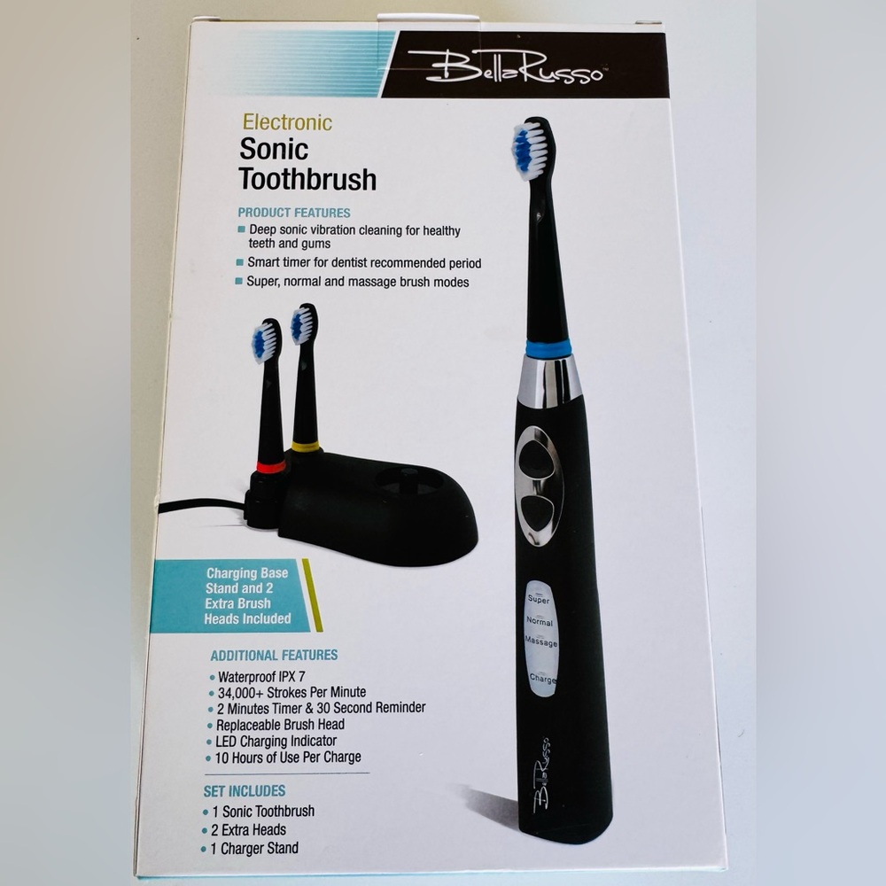 Bella Russo Electronic Deep Sonic Vibration Toothbrush, Charger, 3 Brushes, NWT